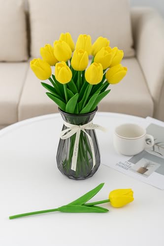 Image of Pink Olive Tulip Flowers Bunches | for Home Decor | Living Room, Corner Table, Bedroom, Wedding Party Decor, Gifting | Real Like Feel, Artificial Flower | Bunch of 05 (Yellow Tulip)