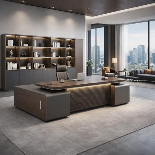 Image of Luxury Modern Executive Director Table with Fluted Front Panel, Integrated Side Storage, Cable Management Extra-Wide Premium Work Surface (LDL-769 MDFL L6W3)