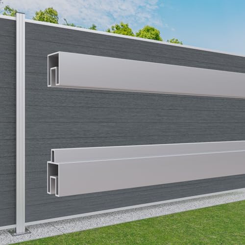 HEXIM Gartenzaun WPC, Alu Pfosten 180x180cm Steckzaun grau & anthrazit, Sichtschutz Windschutz Zaun Lamellenzaun (Start- & Endleiste hell eloxiert)