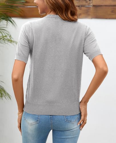 Image of Women Summer Knit Shirt Blouse V Neck Short Sleeve Pullover Sweater Tops