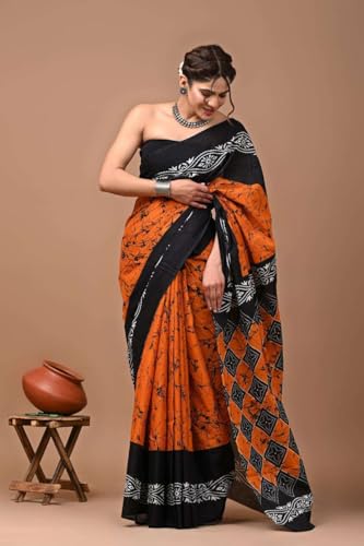 Image of Hand Block Printed Cotton Mulmul Saree | Soft Lightweight Summer Saree | Pure Cotton Traditional Indian Saree for Women