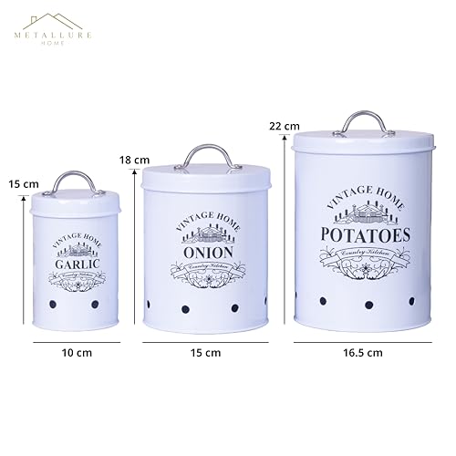 Image of Metallure Home Round Classic Kitchen Storage Containers | Set of 3 Metal Jars With Lid | Potato, Onion & Garlic (Food Safe) (White)
