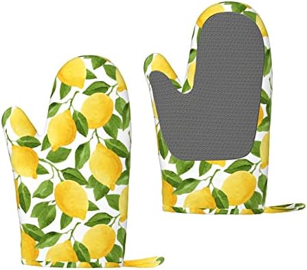 NELife Lemon Oven Mitts and Pot Holders Sets of 2,Resistant Recycled Infill Silicone Non-Slip BBQ Gloves for Kitchen,Cooking,Baking,Grilling