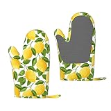 NELife Lemon Oven Mitts and Pot Holders Sets of 2,Resistant Recycled Infill Silicone Non-Slip BBQ Gl