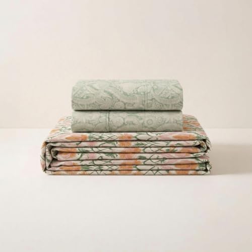 Image of LANE LINEN Organic | 100% Cotton Printed Bedsheet Set | Soft & Breathable Fabric | 3 Piece (1 Double Bedsheet + 2 Pillow Covers) | Double Bed Sheet Set | Machine Washable | Blush Pink & Sage Green