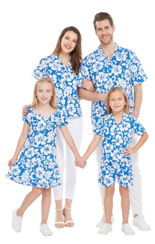 Image of Hawaii Hangover Family Matching Clothes, Classic Vintage Hibiscus Blue | Family matching Hawaiian outfits, Classic Vintage Hibiscus Blue, 100% cotton, machine washable, tropical floral print, luaus