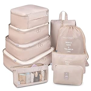 Packing Cubes for Travel, 9 Set Luggage Organizers with Shoe Bag, Electronics Bag, Cosmetics Bag, Compression Cells, Accessories Bags Made With Wearable Waterproof Fabric (9 PCS – Beige)