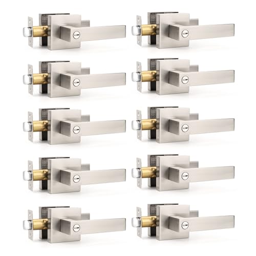 Gobrico Satin Nickel Door Handles Square Privacy Door Levers Bed and Bath Leverset Lockset Universal Handing for Rightor Left-Handed Doors, 10Pack