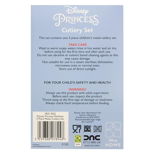 Disney Princess 3 Piece Cutlery Set - Metal, Reusable Children's Knife, Fork & Spoon, Kids-Size, Made from Food-Safe Stainless Steel & ABS Plastic - with Belle, Tiana & Aurora - for 36 Months & Up - Image 3