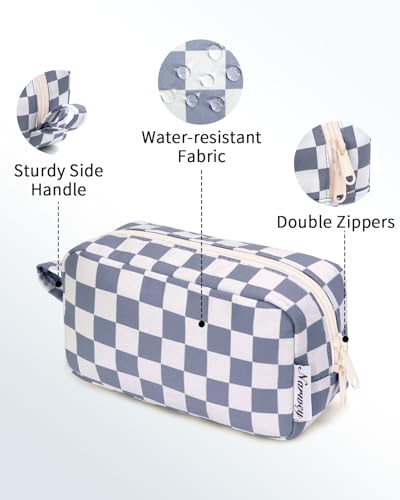 Image of Narwey Small Checkered Makeup Bag for Purse Travel Makeup Pouch Mini Cosmetic Bag Zipper Pouch for Women (Grayish Blue Checkerboard, Small)