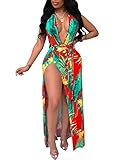 Women's Sexy Deep V Neck Backless Floral Beach Dress Split Maxi Party Dress Red