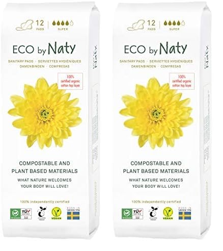 Eco by Naty Sanitary Pads – Plantbased and Absorbent Sanitary Pads for Women, Organic Cotton Menstrual Product, Better for Feminine Health (Super, 12 Count) (Pack of 2)