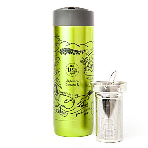 The Tea Spot Voyager Tea Tumbler Double-Wall Insulated Stainless Steel Tumbler with removable tea infuser for hot and cold brewing Spa water infuser Peridot - Tea Story 16 oz