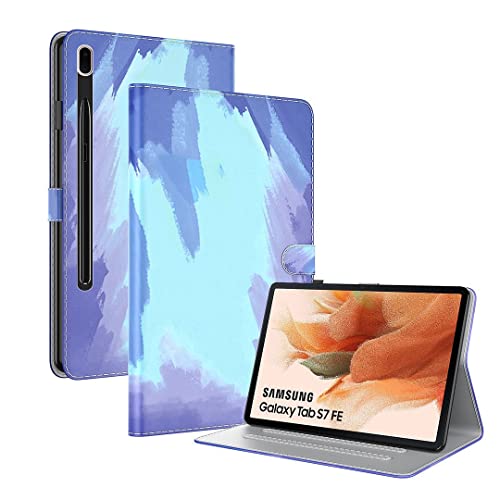 SATURCASE Case for Samsung Galaxy Tab S7 FE 12.4 SM-T730/T733/T736B, Watercolor Style PU Leather Flip Magnet Wallet Stand Card Slots Protective Cover (TR-1)