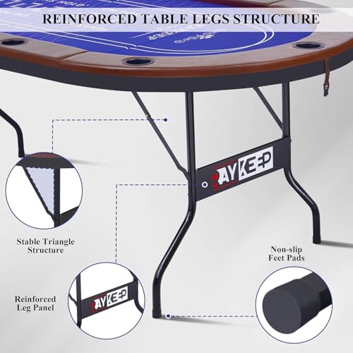 RAYKEEP Foldable Poker Table for 10 Players, 84\" Folding Blackjack Texas Holdem Table, Portable Casino Leisure Card Board Game Table with Cup Holders and Padded Rails for Game Room (Brown) - Thumbnail 5