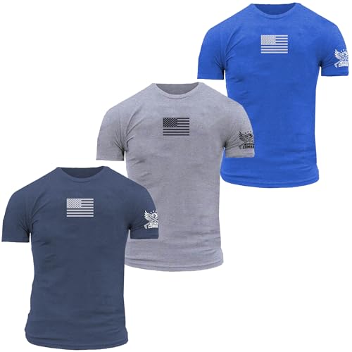 United Combat Men’s 3-Pack Patriotic T-Shirts - American Flag Mission Fit Graphic Tees - Valor Pack (Royal Blue, Navy Blue, Heather Grey) Small
