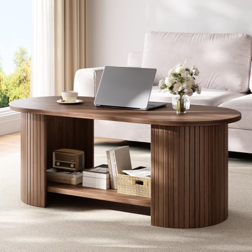 OneBlis Oval Fluted Coffee Table, 2-Tier Center Table with Large Storage, Mid-Century Modern Wood Coffees Table for Living Room, Home Office, Small Space, Walnut