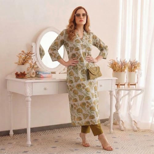 Image of ANNI Designer Kurta Set for Women Erode Rayon Printed | Kurti Set for Woman | Kurta Pant 2 Piece Outfit | V Neck 3 /4 Sleeve Regular Fit Ethnic Dress Stylish Kurta Sets for Women Clothing