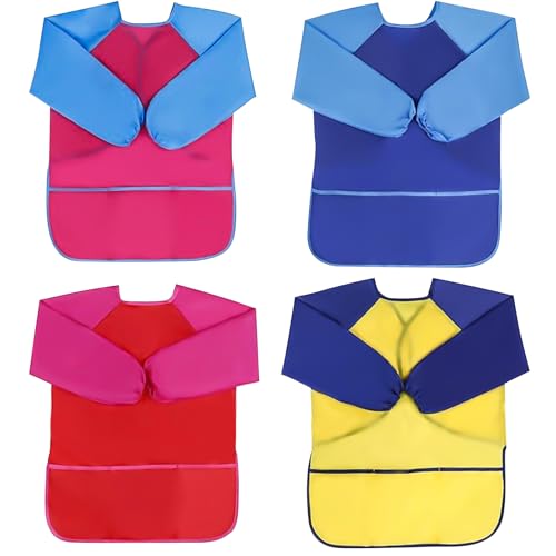 UptVin Malschürze Kinder, 4er Set Malkittel Kinder für Jungen und Mädchen Wasserdichte Bastelschürze Malerkittel mit Langen Ärmeln für Alter 3-8 Jahre, mit 3 Praktischen Taschen