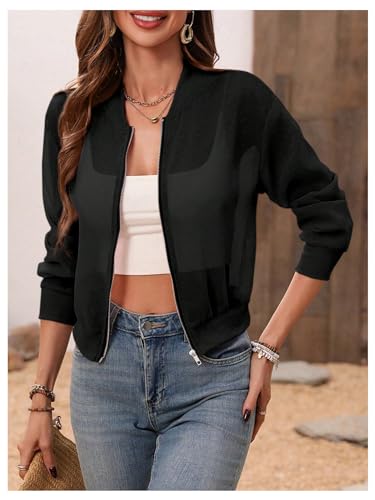 Verdusa Women's See Through Bomber Jacket Zip Up Long Sleeve Spring Outwear3