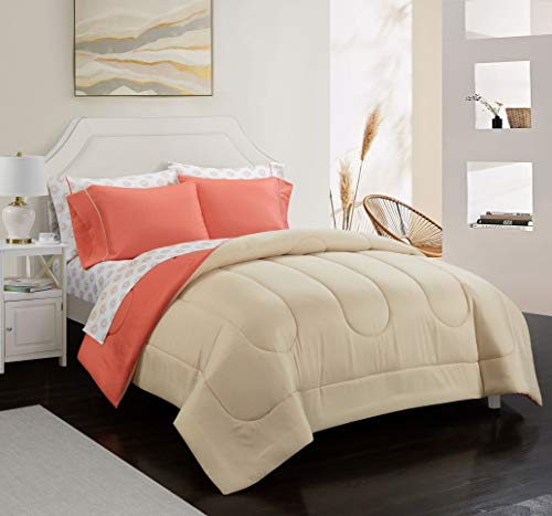 Idea Nuova Casa 7-Piece Solid Reversible Comforter Set With Bonus Sheets, Coral, Full, 76"X86" #TOP1