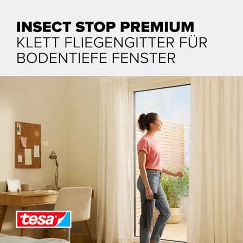 tesa Insect Stop Comfort Fliegengitter für bodentiefe Fenster - Insektenschutz selbstklebend - Fliegen Netz ohne Bohren - 120 cm x 240 cm - Weiß (Leichter Sichtschutz)