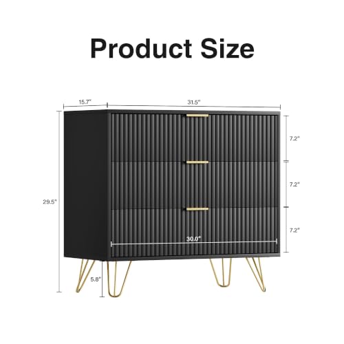Image of Furniway Black Dresser for Bedroom, 3 Drawer Dresser with Gold Pulls, Fluted Modern Chest of Drawers Storage Cabinet, 31.5 inch W x 15.7 inch D x 29.5 inch H