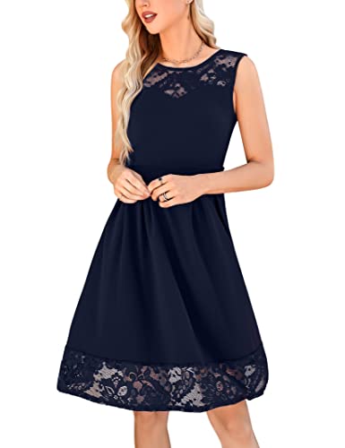 KOJOOIN Damen Kleider Spitzenkleid Festliches Cocktailkleid Ärmellos Knielang Ballkleid Dunkelblau L