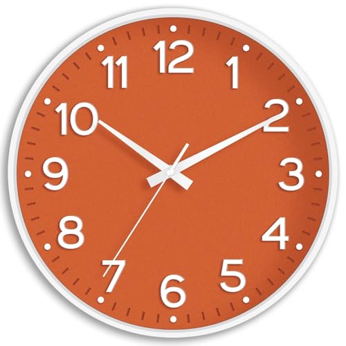 Image of Roymnie Wall Clock 10 Inch Silent Wall Clocks Battery Operated-Modern Non Ticking Analog Clock Decorative for Kitchen Bedroom Office Bathroom(Orange)