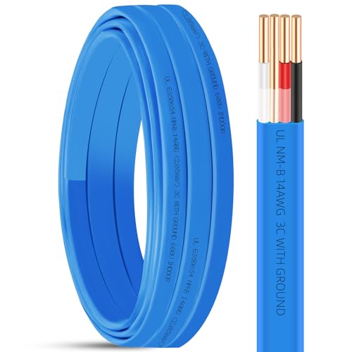 15ft NM-B 14/3 Wire with Ground 14/3 NM-B Copper 14 AWG 3 Conductors with Ground Electrical Wire 14 Gauge Non-Metallic Sheathed NMB Cable Residential Solid Indoor Copper Wiring for 15 Amp Circuits
