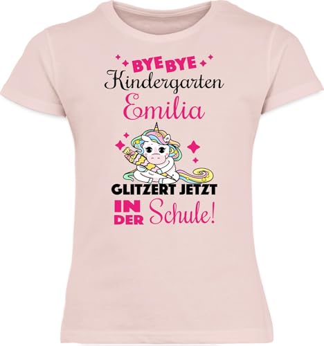 T-Shirt Mädchen Schulkind - Einschulung - Bye Bye Kindergarten Glitzer Schule | Tschüss Kindergarten | Abschied Kita Goodbye - 128 (7/8 Jahre) - Rosa - First Day of School Tshirt