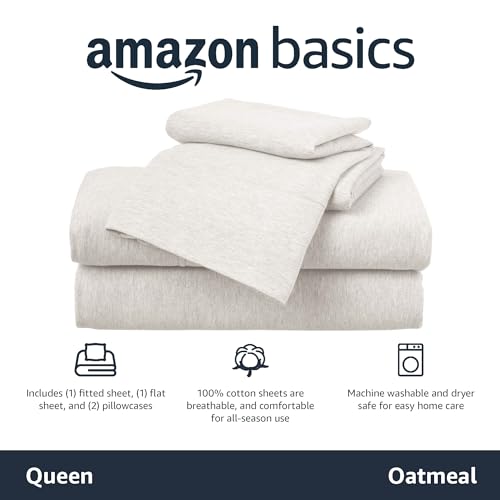 Amazon Basics Cotton Jersey 4-Piece Soft, Breathable, Wrinkle-Free Bed Sheet Set, Queen, Oatmeal, Solid - Image 3