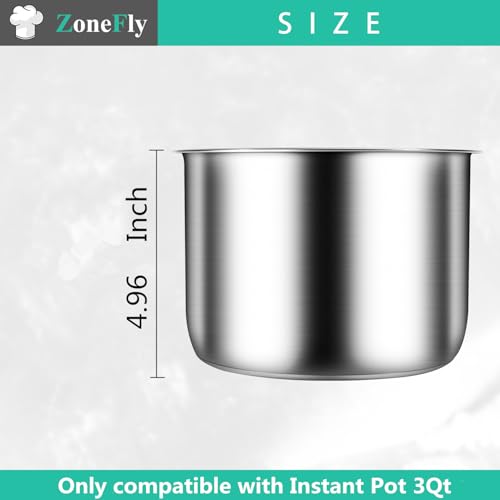 Image of Zonefly for Instant Pot 3 Qt Inner Pot Replacement insert, Stainless Steel Cooking Pot Liner with Polished Surface & Easy to Clean - 3Quart Instapot Rice Cooker Accessories, Includes 2pcs Seal Rings