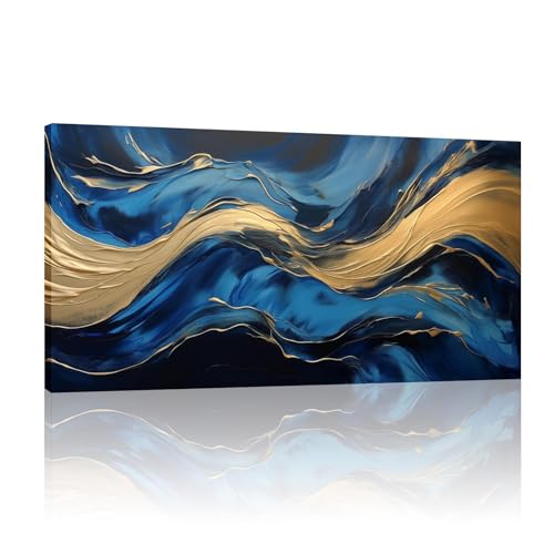 Peinture originale abstraite bleu marine et feuille d'or sur toile 55x110cm