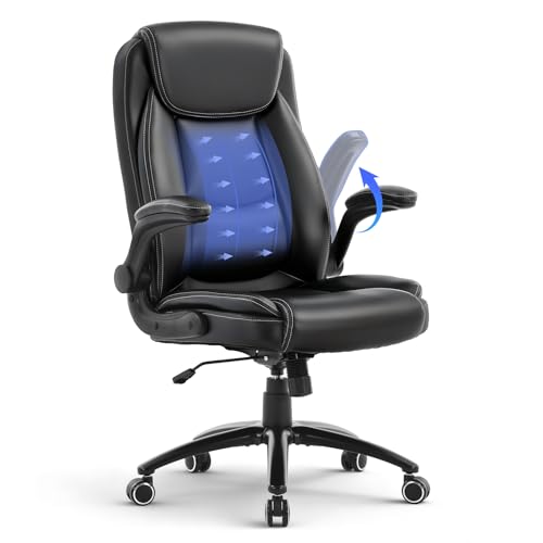 COLAMY Leather Executive Office Chair, Ergonomic Computer Chair with High Back, Spring Cushion Desk Chair for Home Office with Padded Flip-up Arm, Adjustable Tilt Lock, Black
