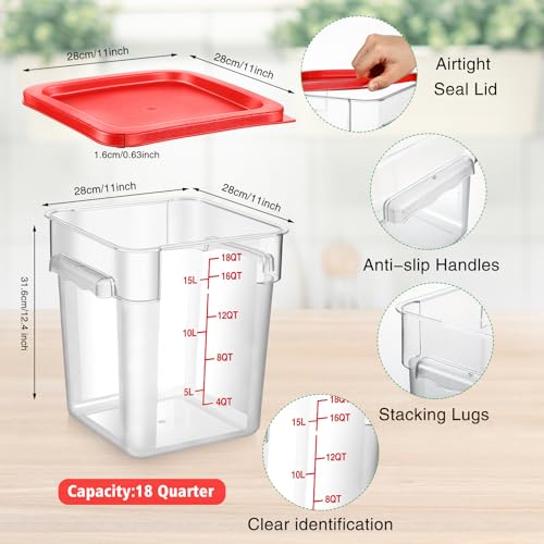 Image of Suclain 2 Pcs Square Food Storage Container Polycarbonate Clear Food Container with Lid Commercial Rice Storage with Graduations for Commercial Kitchen(18 Qt,Red)