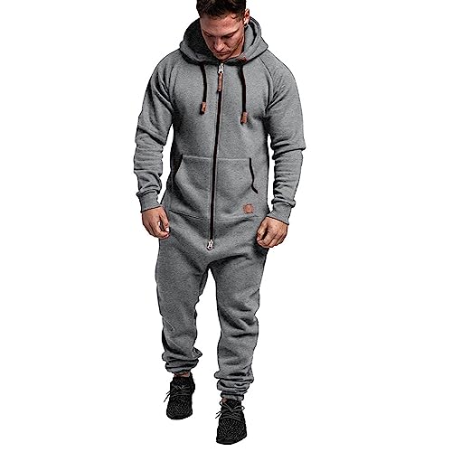 Mens Hooded Jumpsuit Rompers Zip Up One Piece Pajamas Playsuit Jogger Sweatsuit Overall Tracksuit with Pockets