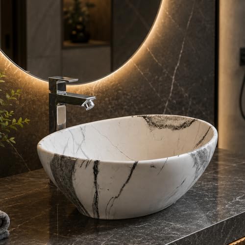 Image of Ceramic Tabletop Wash Basin - Glossy Bowl Shape Countertop Vessel Sink with Marble Finish for Bathroom & Vanity | Compact 16 x 13 x 5 Inch | Elegant Washbasin
