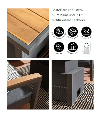 Dehner Garten-Lounge Colmar, 4-teilig, 5-Sitzer, inkl. Tisch und Polster, Aluminium/FSC®-zertifiziertes Teakholz/Olefin, grau/braun