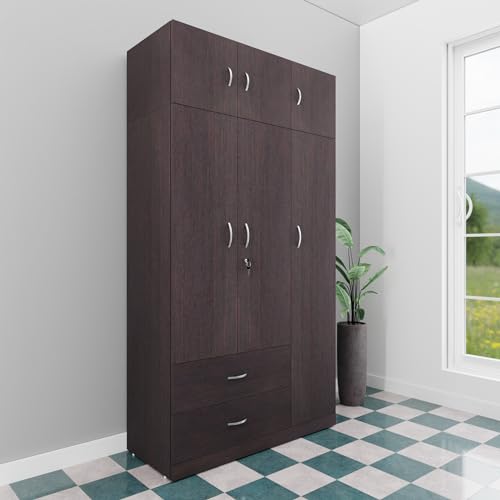 Image of VIKI Wardrobe | Wooden Almirah for Clothes,Door for Bedroom, 3 Door Loft Wardrobe with Drawer & Hanging Space (Dark Wenge - 40D x 120W x 220H) | 1 Year Warranty | Free Assembly