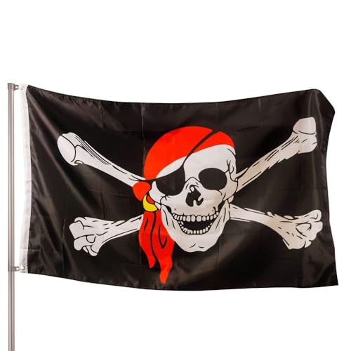 PHENO FLAGS Drapeau pirate 90x150cm - qualité premium - extrêmement résistant aux intempéries, avec œillets en laiton, 100% polyester, coutures doubles robustes &...