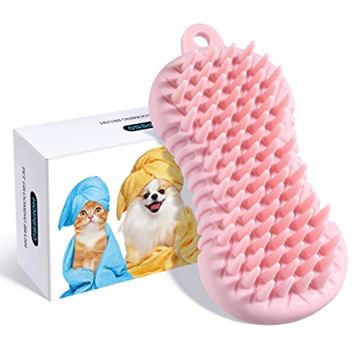 HOPESO Pet Grooming Shampoo Brush, 2021 Newest Silicone Bath Brush Soothing Massage Bristles for Dogs and Cats with Long Short Hair Washing, Gently Removes Loose & Shed Fur (5 Inch, Pink)
