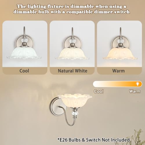 Image of 1 Piece Brushed Nickel Wall Sconce with Floral White Glass Shade, Brushed Nickel Finish Wall Mount Lighting for Bathroom, Modern Bathroom Vanity Light Fixture