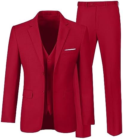 Men's Suits 3 Piece Slim Fit Tuxedo Wedding Groomsman Suit for Prom Party Casual Business Blazer Vest Pants Set Light Burgundy L