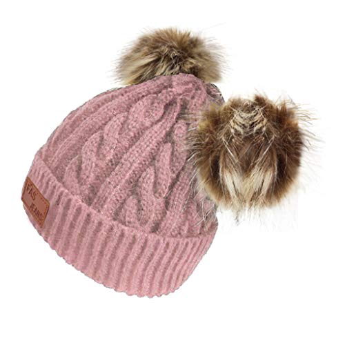 Infant Toddler Beanie Woolen Hat Pure Color Winter Twist Double Pom Pom Wool Knitted Cap for 0-3 Years Old (0-3 Years Old, D- Pink)