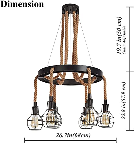 Vintage Rope Chandelier, Retro Steampunk Ceiling Pendant Light With Cage Shades For Kitchen Island, 6-Head Industrial Farmhouse Ceiling Light Multiple Adjustable Hanging For Dining Room Table Bar steampunk buy now online Vintage Rope Chandelier, Retro Steampunk Ceiling Pendant Light With Cage Shades For Kitchen Island, 6-Head Industrial Farmhouse Ceiling Light Multiple Adjustable Hanging For Dining Room Table Bar steampunk buy now online
