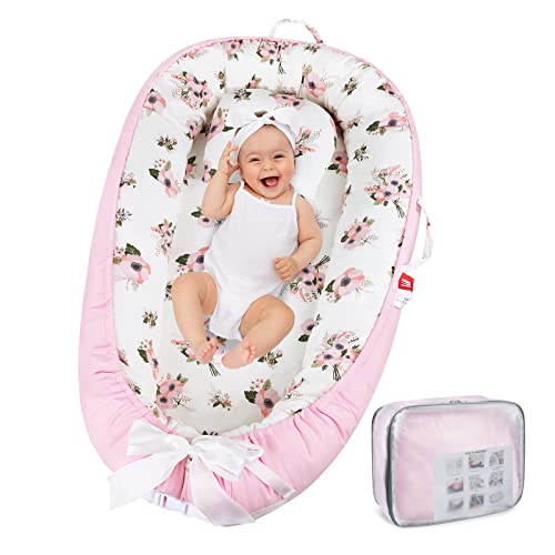 Image of Gaoxianglin Nest Sleeper Pillow with Cotton Cover, Soft Lounger Pillow Snugly Fit Infant Lounger for Baby Infant Removable Slipcover-Pink crabapple