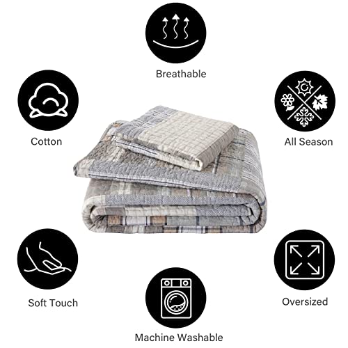 Image of PANGUSHAN Quilts Sets Queen Size,100% Cotton Queen Quilted Bedspreads Bedding Set,Patchwork Plaid Quilt for Queen Bed,Tan /Grey Farmhouse Rustic Bed Spread,Reversible Lightweight Comforter,3-Piece
