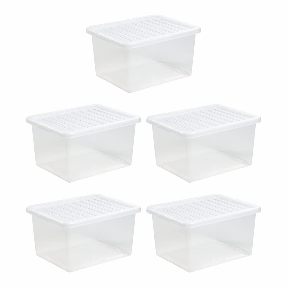 [Set of 5 x 37 Litre Plastic Clear Crystal Storage Boxes & Lids for Home, Office & Garage Stackable Nestable Made in UK.