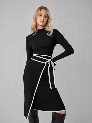 CIDER Sweater Dress for Women Long Sleeve Dress Mock Turtleneck Bow Tie Midi Work Dresses Old Money Dresses Fall Winter3